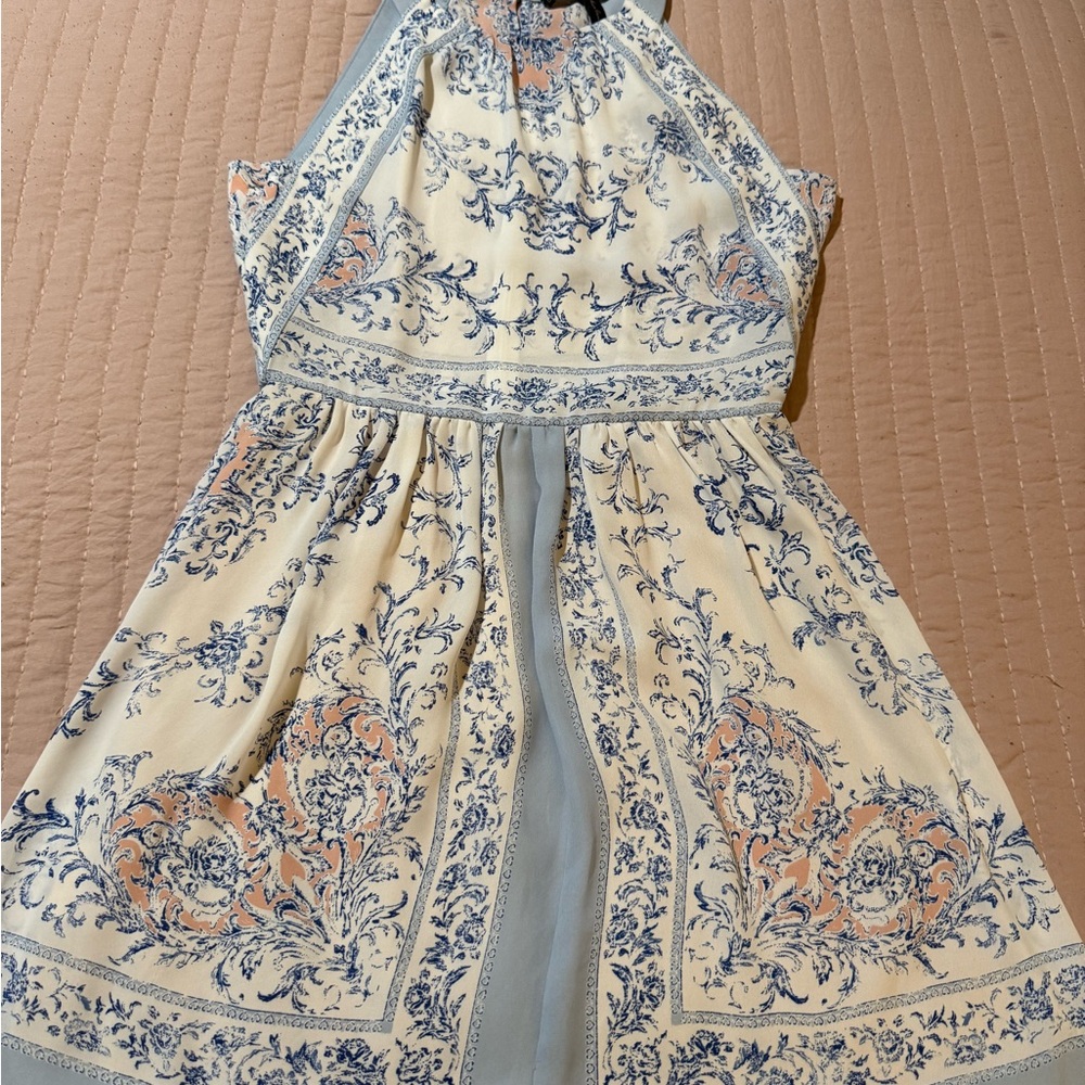 BCBGMaxAzria Cream and Blue Halter Mini Sundress